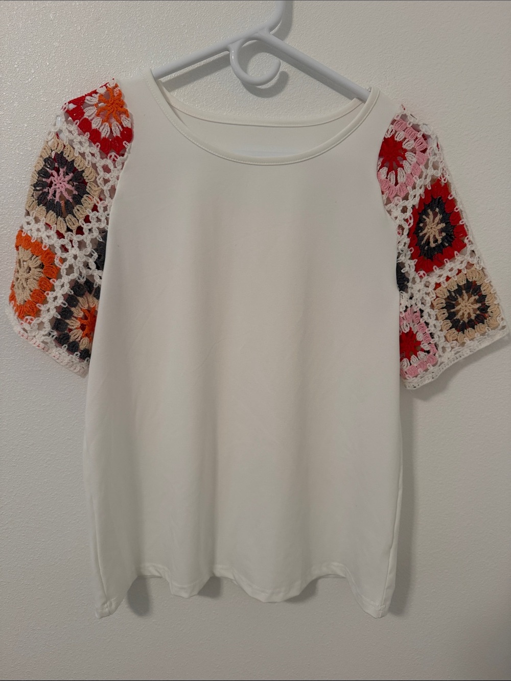 White Tee with Multicolor Crochet Patch Sleeves